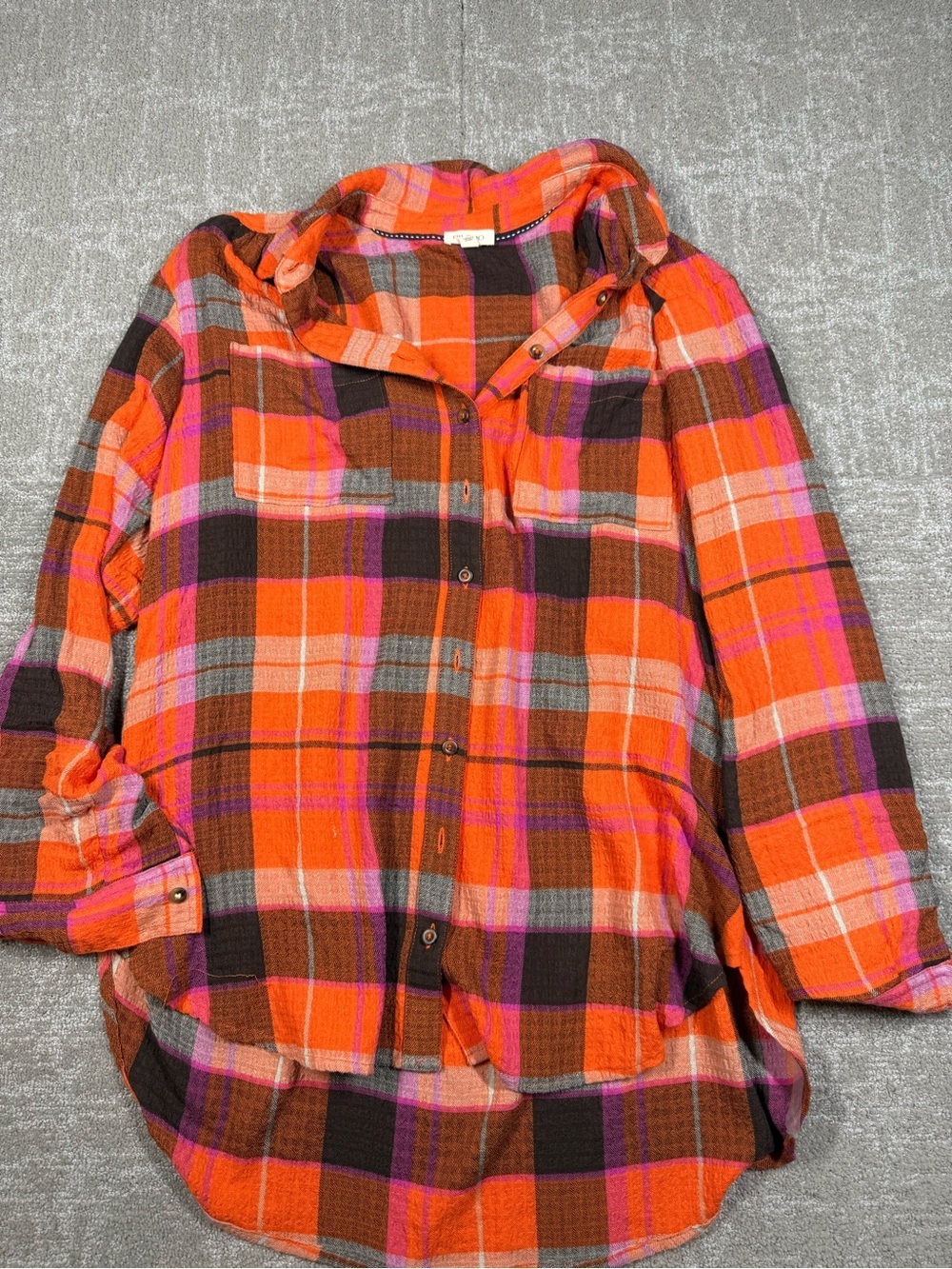 Pilcro Anthropologie Relaxed Orange Plaid Oversized Gauzy Button Down Shirt Sz M